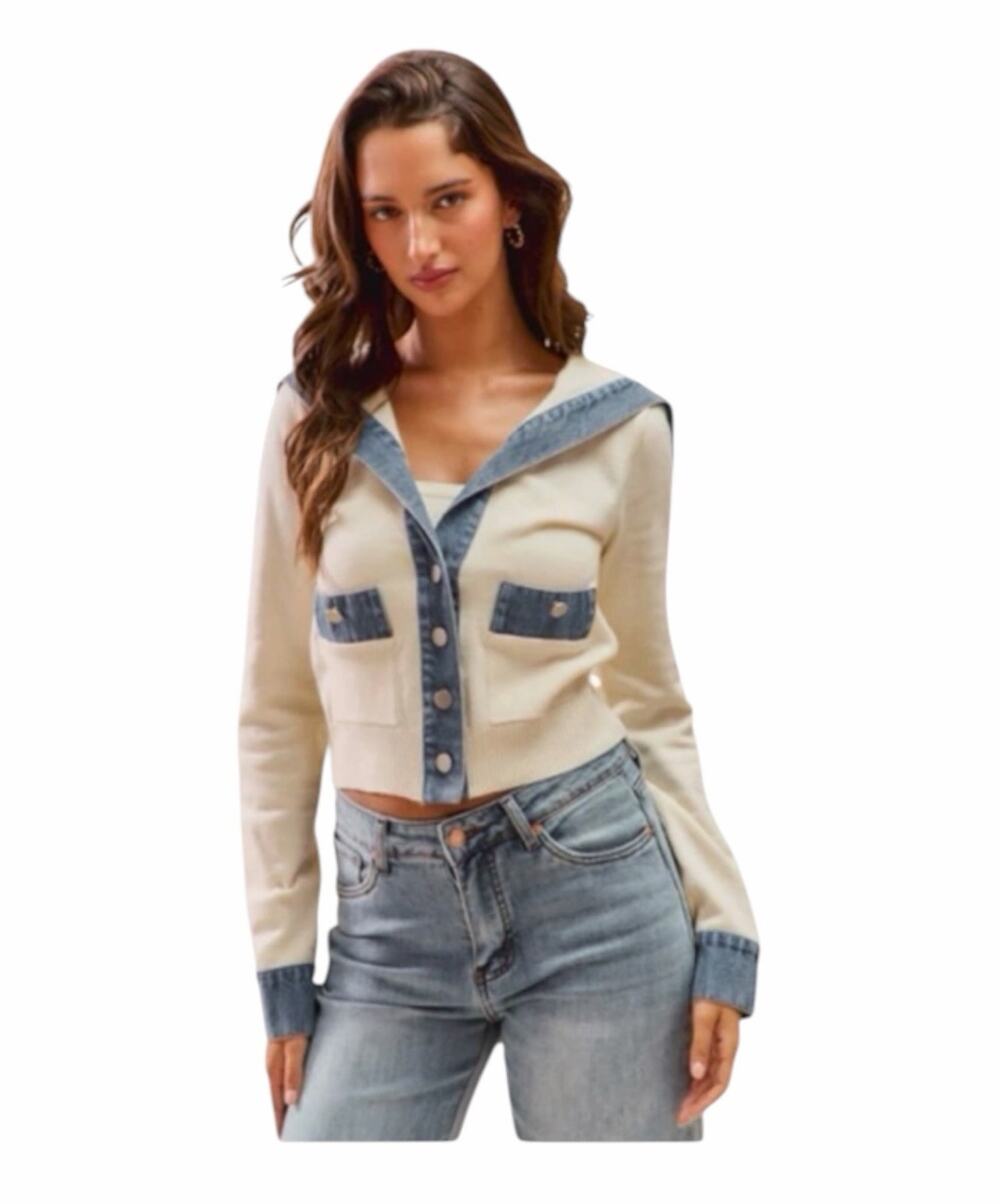 So Me NWT Cream Denim Trim Sailor Cardigan Small Cropped Nautical Sweater